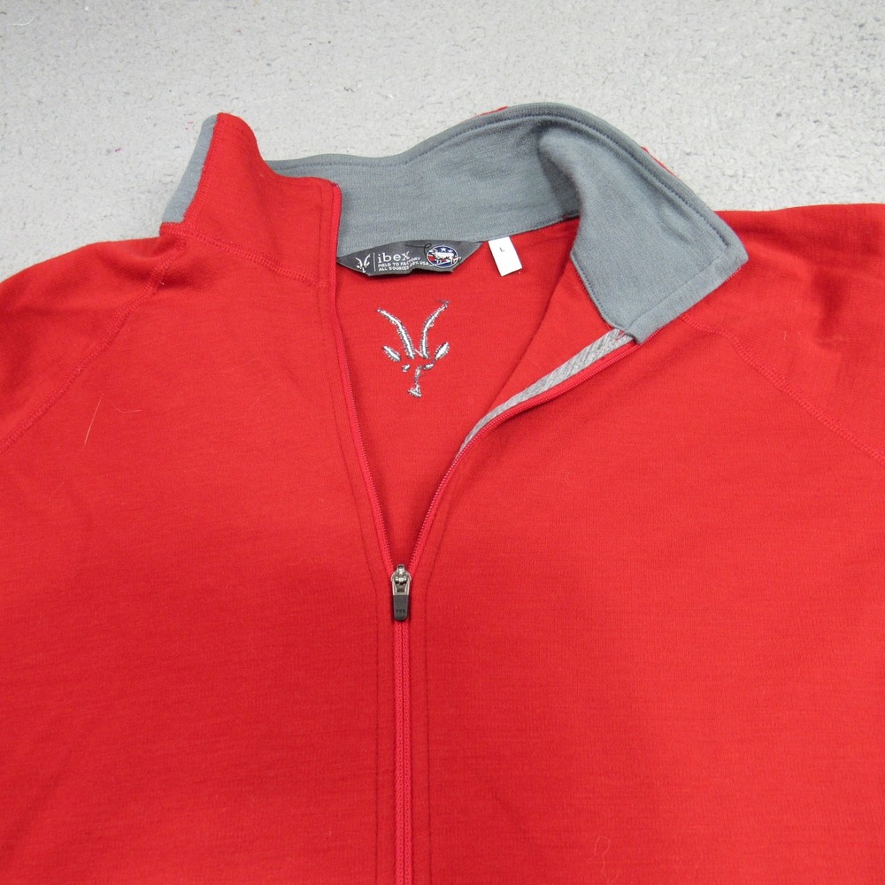 Ibex Merino Wool Full Zip Sweater Mens Large Red Grey Thumbhole Shoulder Pocket - Picture 4 of 9
